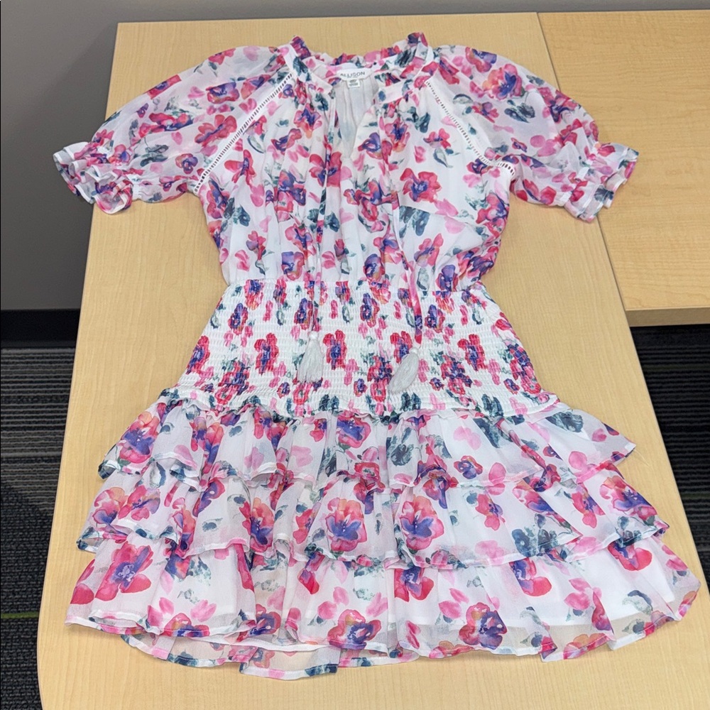 White Floral Dress with Pink and Purple Accents By Allison NY Size medium - Picture 2 of 16